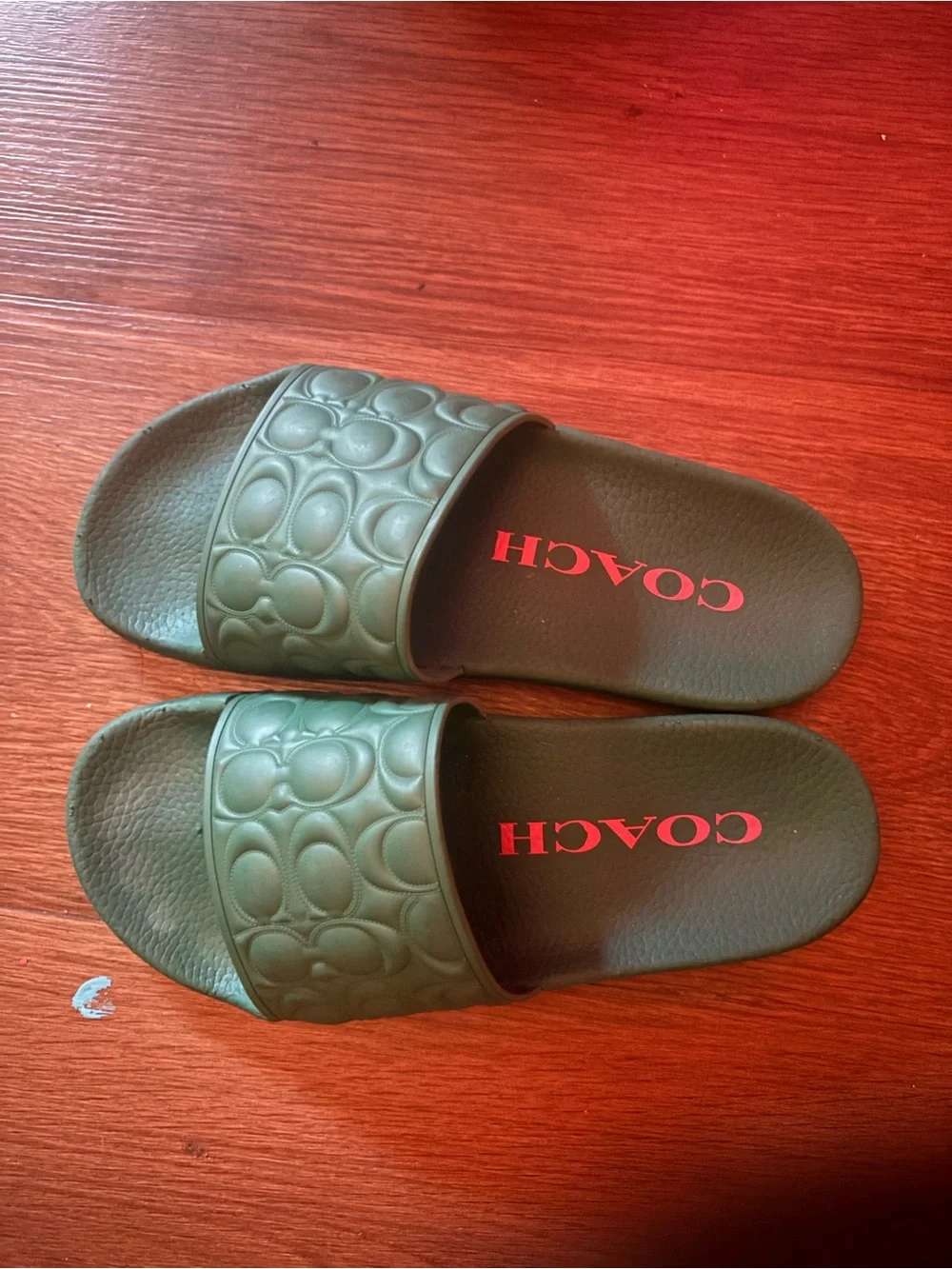 Coach Olive Green Signature Embossed Slide Sandals